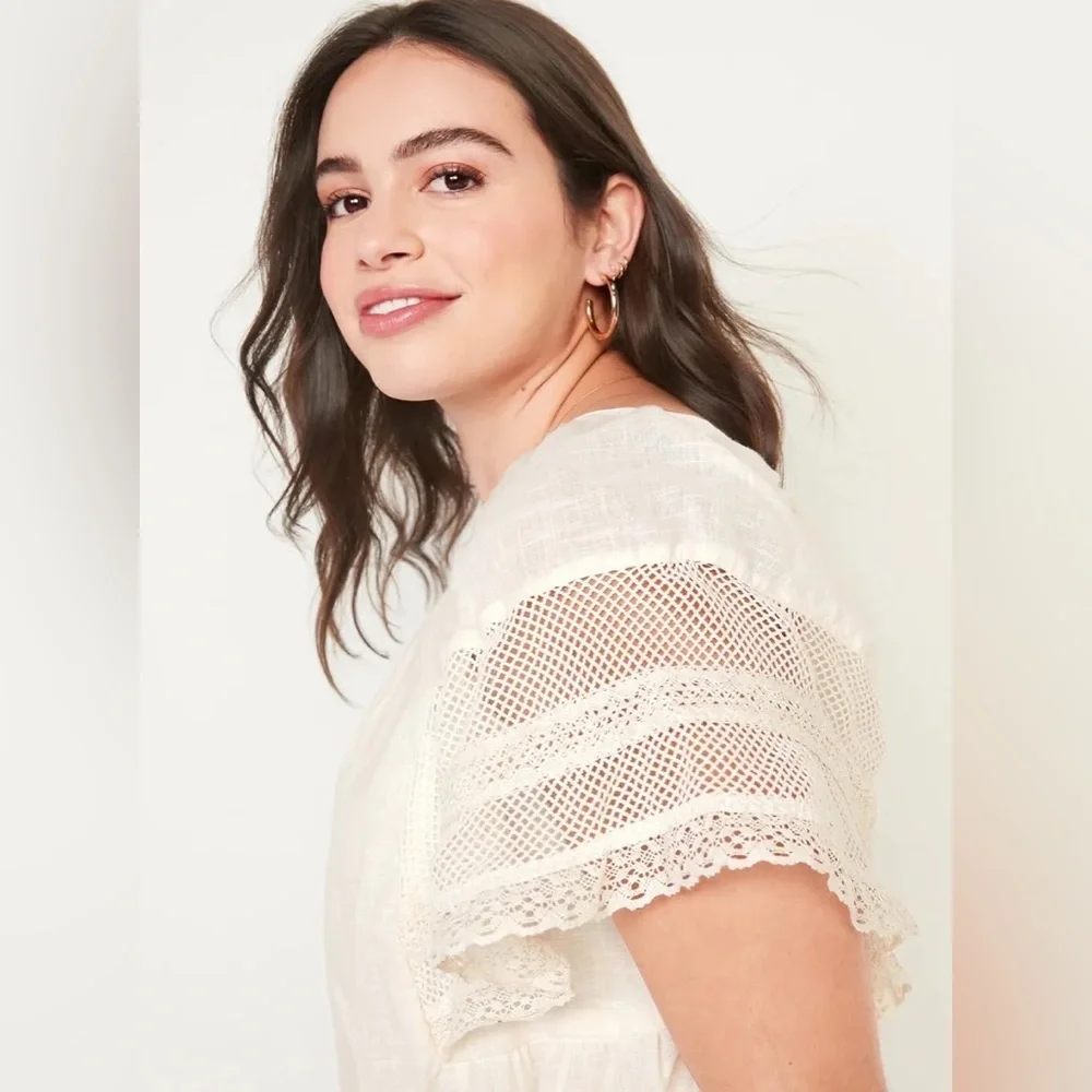 OLD NAVY Off-White Cream Flutter Lace Sleeve Swing Mini Midi Dress Open-Back M - Picture 5 of 16